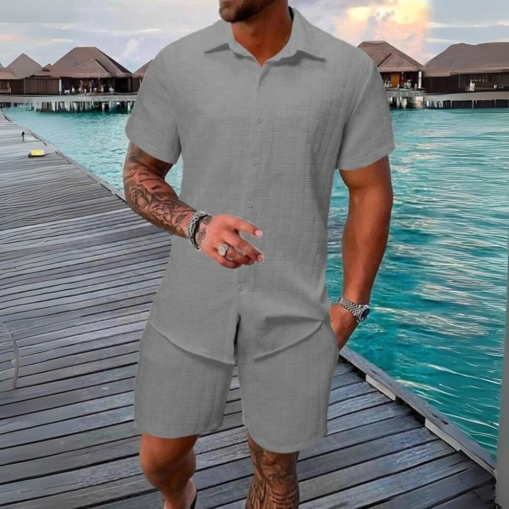 Men's Dark Gray Collared Neck Short Sleeve Top & Shorts Resort Outfit